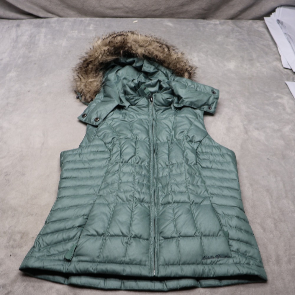 Eddie Bauer Down Vest Women PXS Green Detachable Hood Faux Fur Trim Insulated